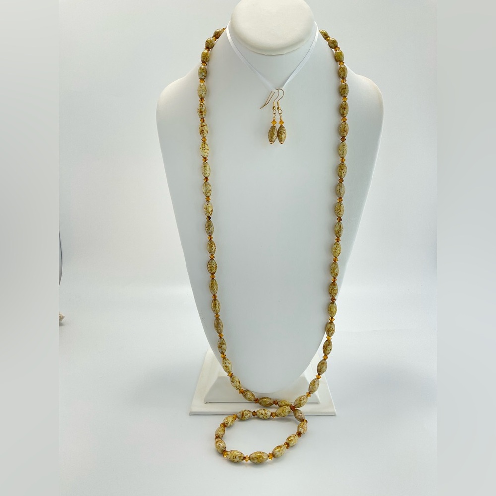 Vintage Glass & Crystal Bead Necklace and Earrings in Lion's Mane Colors - Picture 3 of 14